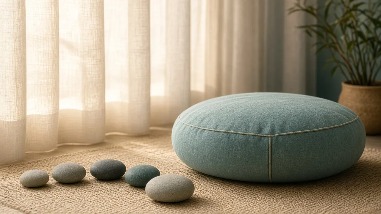 Çakra dengeleme meditasyonu için sakin minder ve taşlar