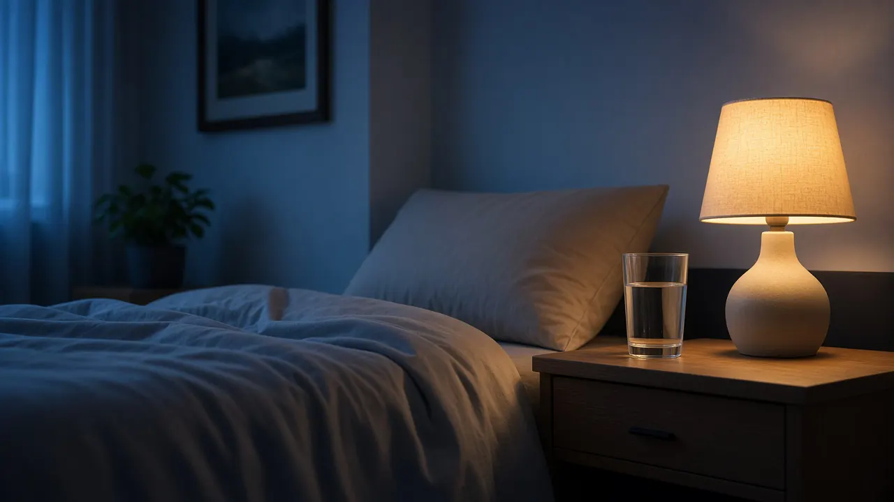 Gece lambası ışığında sakin yatak odası köşesi, uyku öncesi nefes ritmi
