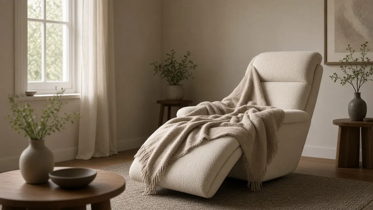 Sakin bir dinlenme koltuğu ve yumuşak örtü, Reiki temposunu çağrıştırır