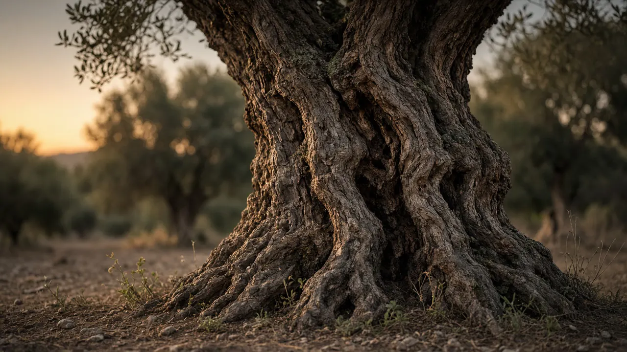 Akşam ışığında yaşlı zeytin ağacı gövdesi, kökler ve aidiyet