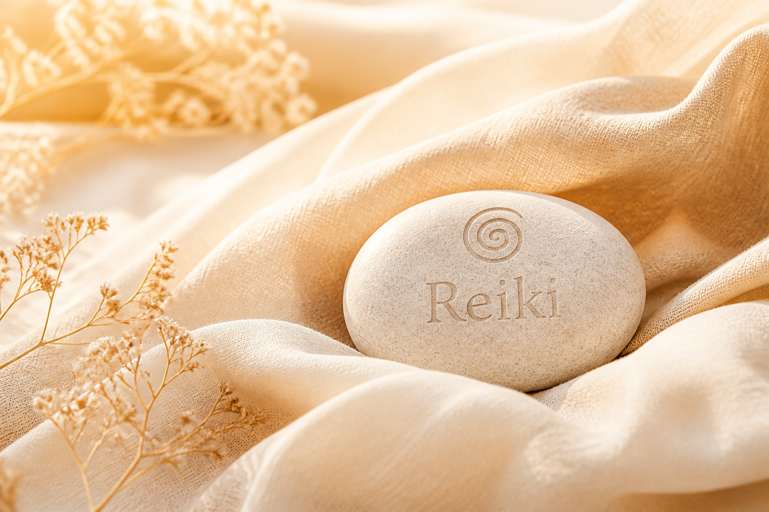 Reiki seansını çağrıştıran keten kumaş ve taş detayı